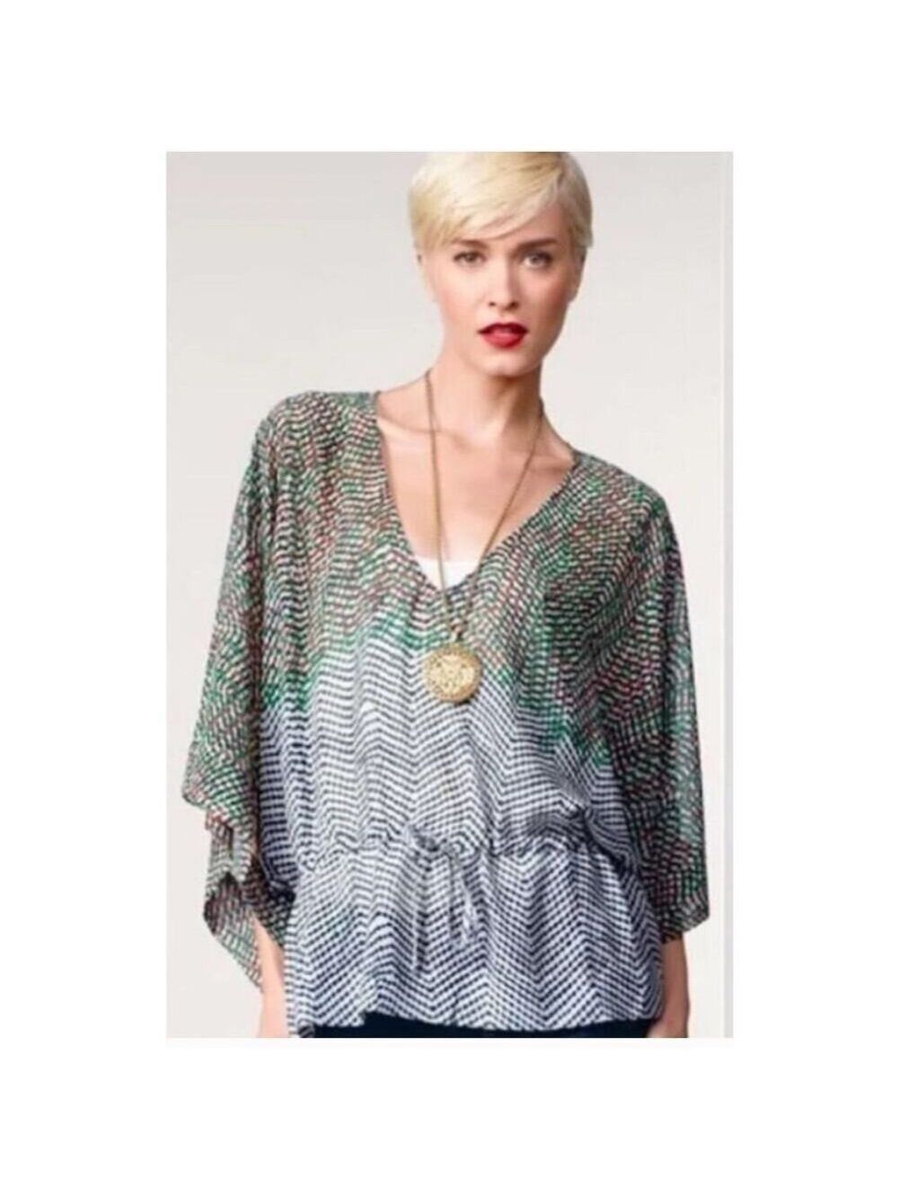 Cabi V-NECK Shiffon Sheer Peplum Kimono Sleeve Blouse Size Small